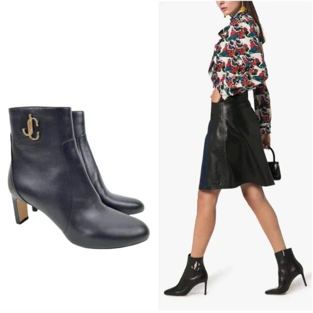 Jimmy Choo Black JC Gold Logo Leather Ankle Booties Size 7.5
